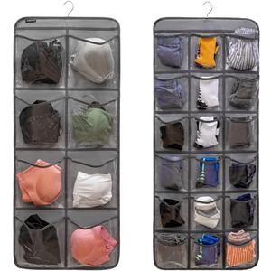 Dual-Sided Hanging Closet Organizer for Socks Underwear Bra Kids Storage Organizer for Baby Clothes Toddler Shoes with 26 Pockets (Grey-Clear Pockets)