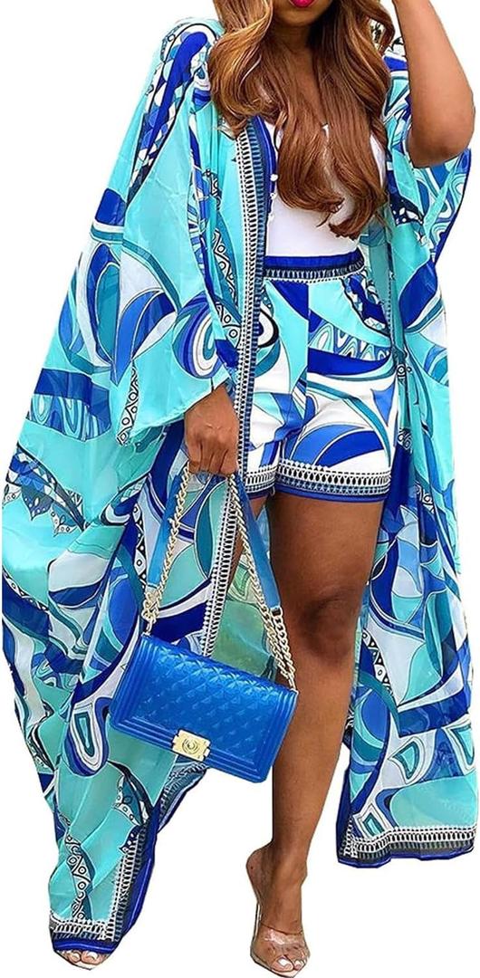 QegarTop Kimono Shorts Set for Women Two Piece Summer Vacation Outfits Flowy Beach Cover up Duster (Large, Blue)