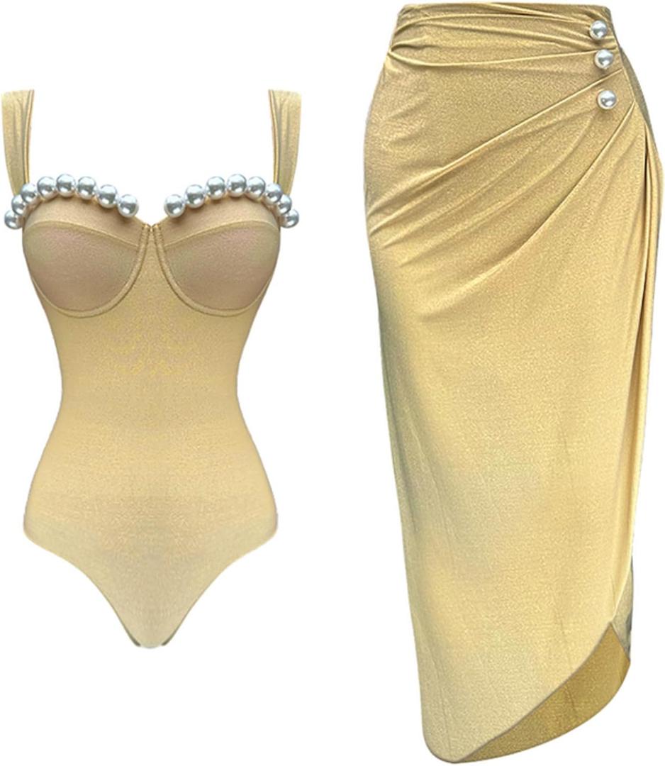 FLAXMAKER Black Double Shoulder Straps Chest Pearl One Piece Swimsuit and Skirt (Large)