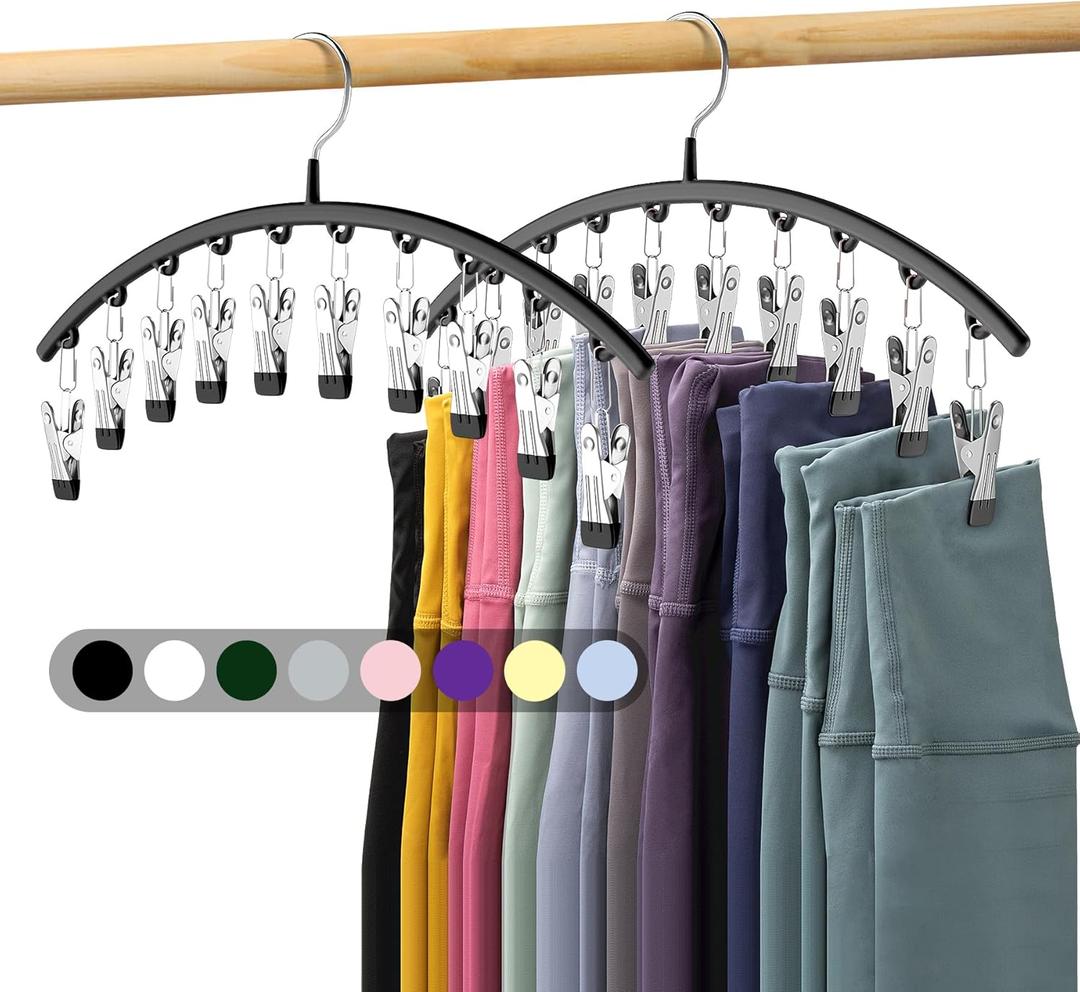 Volnamal Legging Organizer for Closet, 2 Pack Metal Yoga Pants Hangers w/10 Clips Holds 20 Leggings, Space Saving Hanging Closet Organizer w/Rubber Coated Closet Organizers and Storage, Black