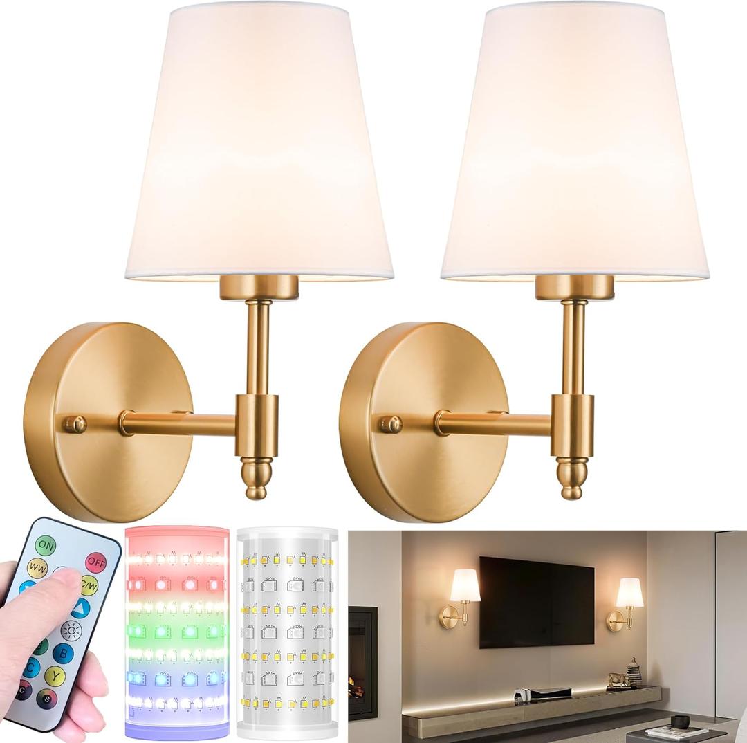 Nekhung Battery Operated Wall Sconces Set of Two, Wireless Battery Wall Light with 10000mAh RGB Dimmable Magnetic Bulb and Remote, Rechargeable Sconce Wall Decor for Bedroom Living Room Hallway (Brass)