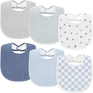 Susurration Muslin Baby Bibs 6 Pack Cotton Baby Drool Bibs, Soft Adjustable Baby Drooling Bibs for Unisex Boys Girls (Blue Star)