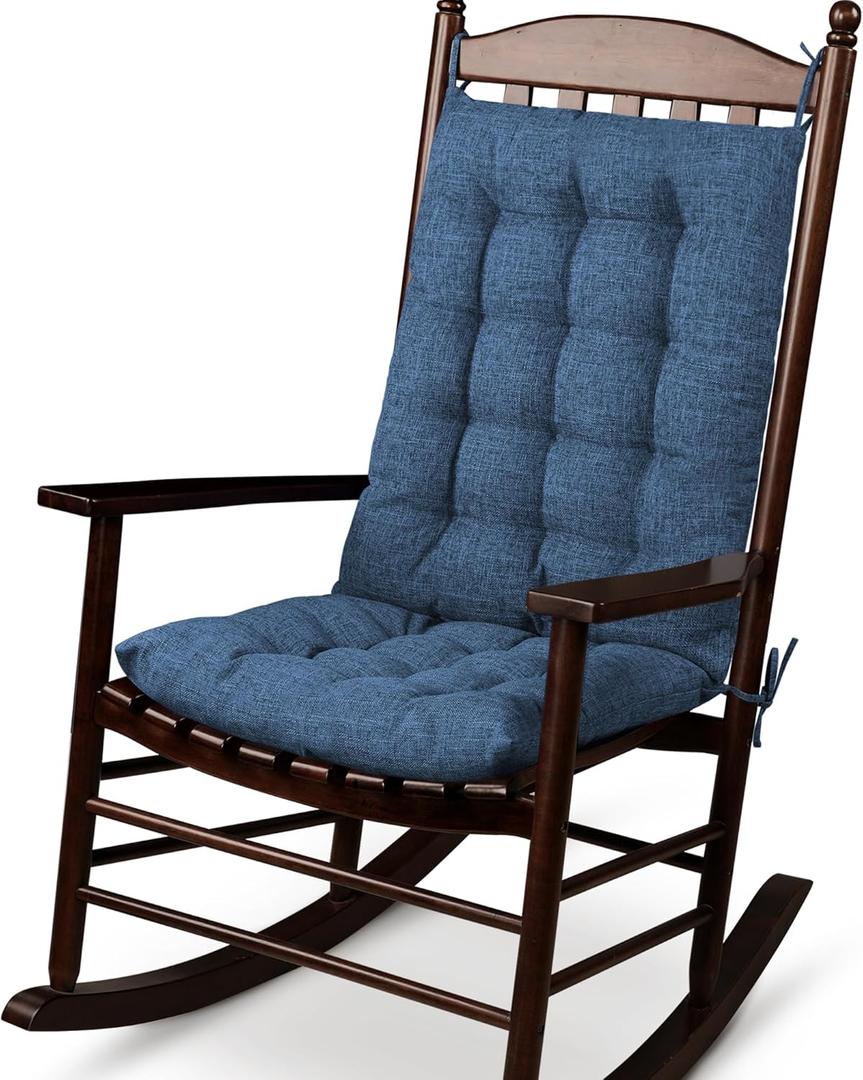ELFJOY Rocking Chair Cushion Large Rocking Chair Pads with Ties Premium Linen High Back and Seat Cushion 2 Piece Set Linen Navy