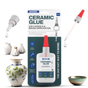4 x GH1200 Ceramic Glue Repair with Brush Applicator & Nozzle (20 g), Waterproof, Clear, Smooth. Fast Drying, Ceramic Glue for Pottery, Dishes, Mugs & More
