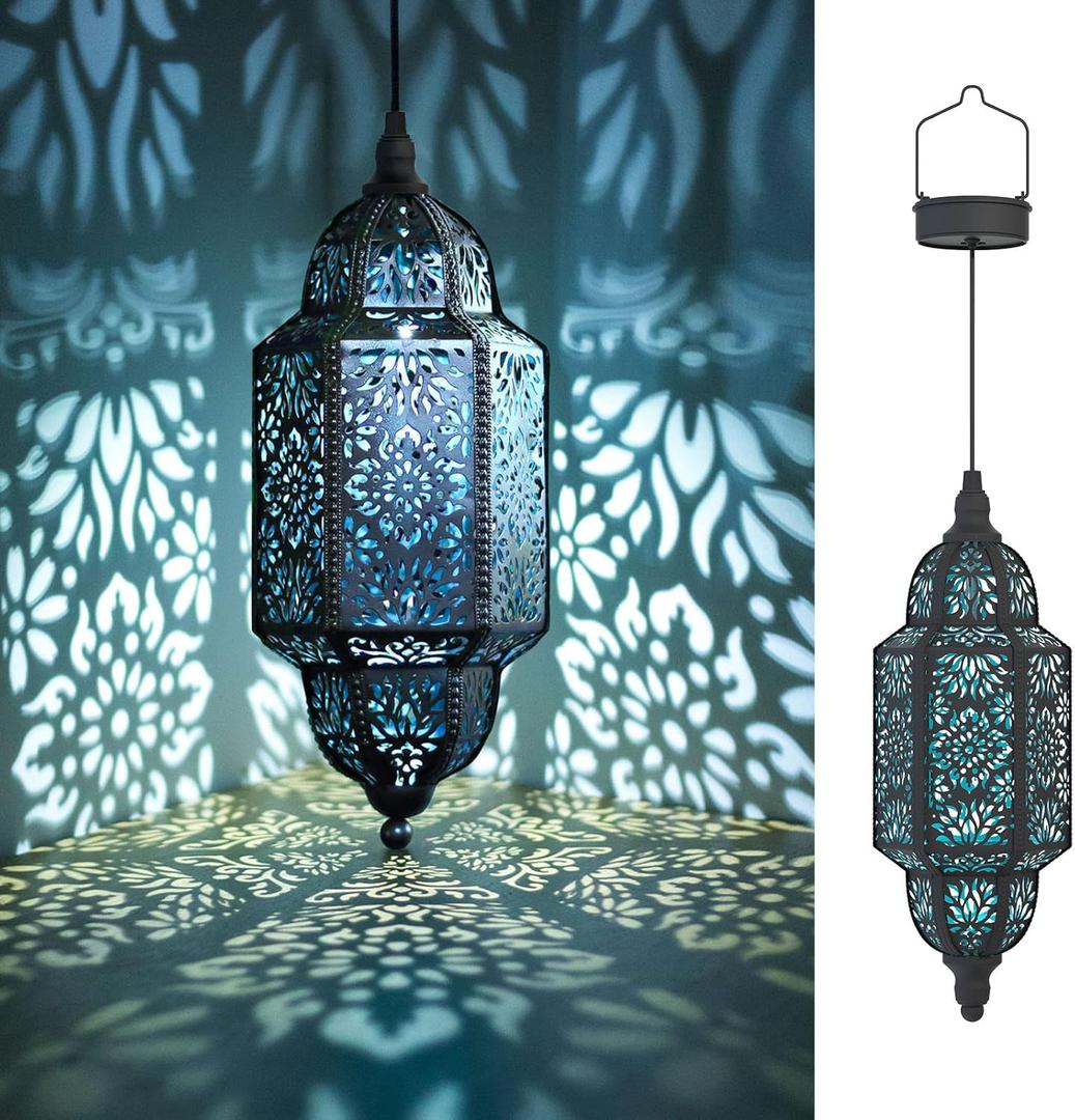Twinkya Hanging Solar Lights Outdoor Garden Decorative Solar Lantern Waterproof Metal Moroccan Outdoor Decorations for Patio Pathway Yard Porch Backyard Garden Decor (Black, 1 Pack)
