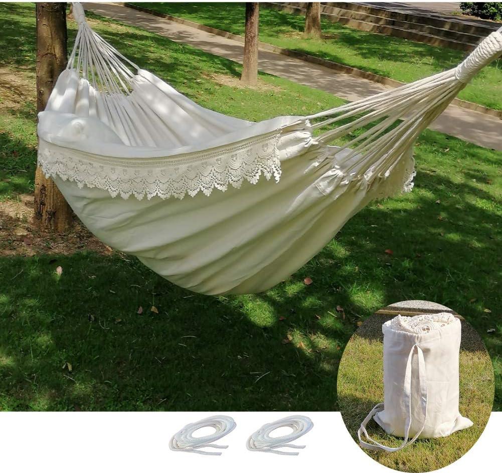 Brazilian Boho Large Fringe Swing Bed - Portable 2 Person Hammock for Patio, Porch, Backyard, Indoor with Carrying Bag, Tree Hammock - Soft Cotton Fabric White