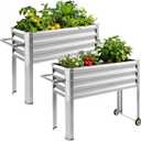 Land Guard 2 Pack Galvanized Raised Garden Bed with Legs & Wheels, 48×18×32in Metal Elevated Raised Planter Box for Backyard, Patio, Balcony, 500lb Capacity, Silver