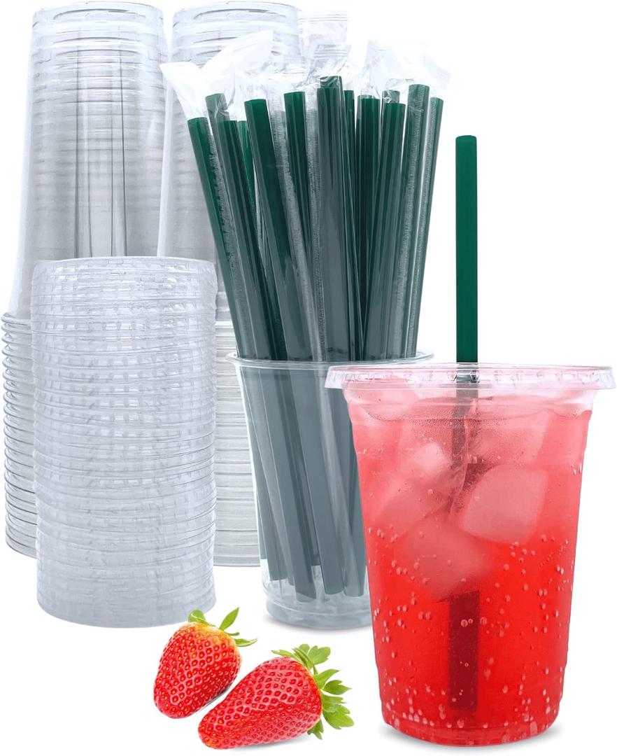 16 oz Clear Plastic Cups with Lids and Straws, Disposable Coffee Cups 25 Sets