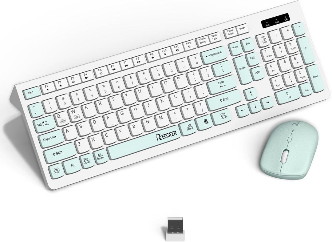 Wireless Keyboard and Mouse Combo, Full-Sized Wireless Keyboard and Adjustable DPI Mouse, 2.4GHz USB Receiver, Keyboard and Mouse for PC, Windows, Desktop, Laptop (Mint Green and wihite-B)
