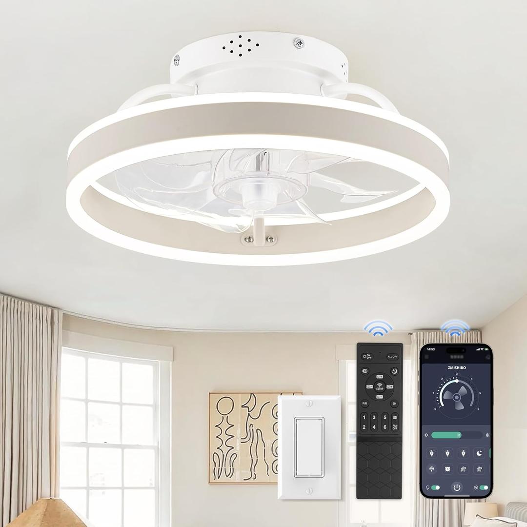 Low Profile Ceiling Fans with Lights and Remote, 13 Inch Fandelier Ceiling Fan with Light, White Modern Flush Mount Ceiling Fan, Small Dimmable LED Fan Lights for Bedroom