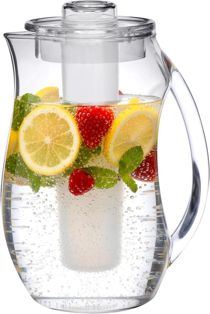 Amazing Abby - Icely - Plastic Pitcher with Ice Tube (96 oz, 3 Quart), Clear Water Pitcher with Lid, Fridge Jug, BPA-Free, Shatter-Proof, Preparing Iced Drinks with No Diluation