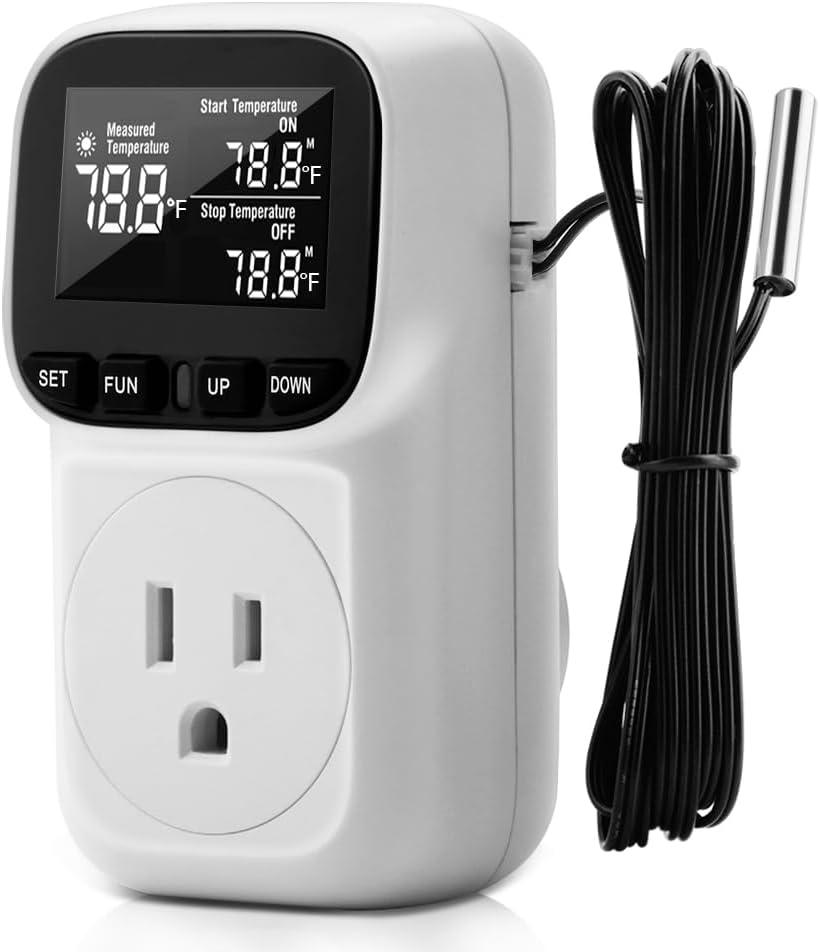 Diymore Digital Plug in Thermostat Outlet Temperature Controller Electric Digital Thermostat Heating Cooling Mode Timer Socket 120V Heating Cooling Control 110V 15A Celsius Fahrenheit Display, White