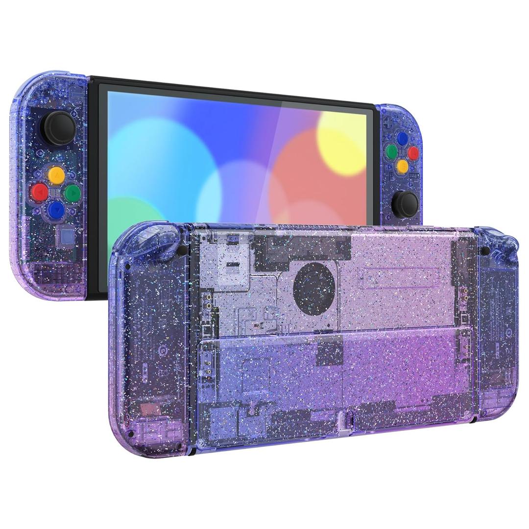 eXtremeRate DIY Full Set Shell Buttons for Nintendo Switch OLED, Replacement Console Back Plate & Kickstand Custom Case Housing for Nintendo Switch OLED JoyCon - Glitter Gradient Translucent Bluebell