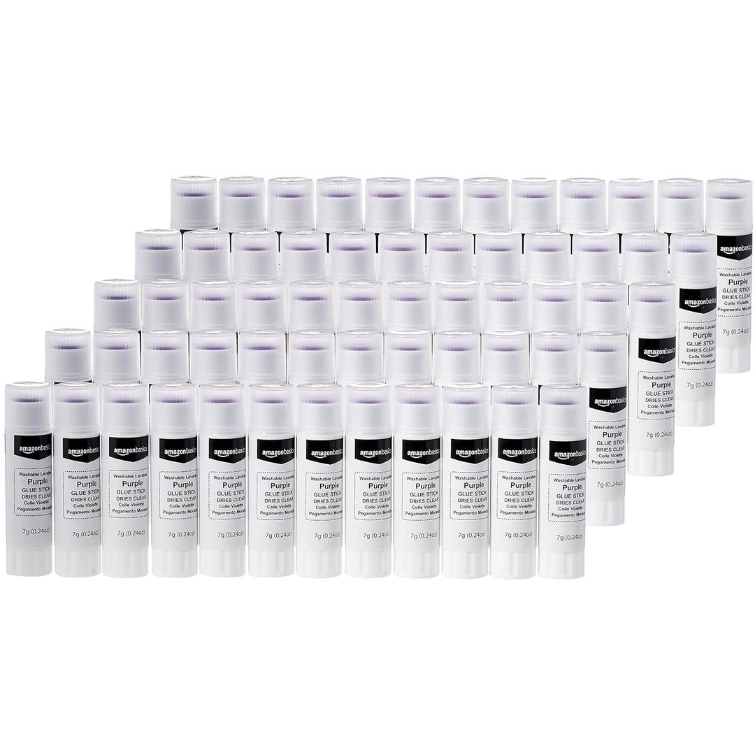 Amazon Basics Purple Washable School Glue Sticks for Classroom Supplies and Craft Projects, Dries Clear, 0.24-oz Stick, 60-Pack