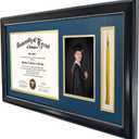 GraduationMall 11x22 Black Diploma Frame with Tassel Holder and Picture for 8.5x11 Certificate 5x7 Photo,Real Glass,Navy over Gold Mat