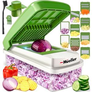 Mueller Vegetable Chopper 9 Blade, Mandoline Slicer, Food Veggie Chopper, Cheese Grater, Onion Vegetable Cutter with Container, Dicer, Kitchen Gadgets & Essentials, White Sand/Green Set of 6
