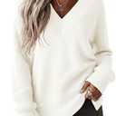 Jouica Women's Sweaters V Neck Pullover Sweater Side Slit Long Sleeve Knit Fall Tops Trendy Outfits for Women 2026 Size S White