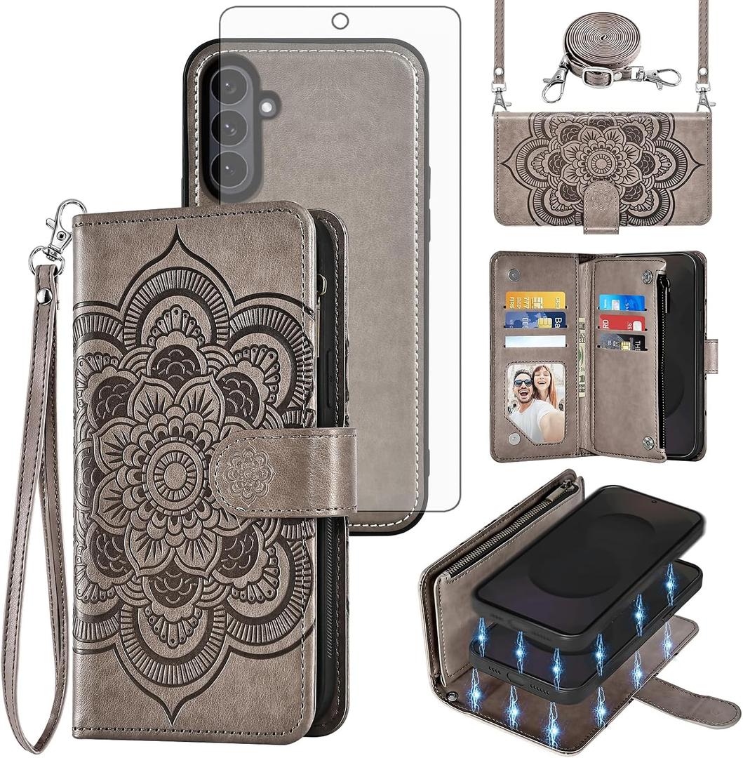 Asuwish Phone Case for Samsung Galaxy S25 FE 5G Zipper Wallet Detachable Cell Cover with Tempered Glass Screen Protector Crossbody Strap Flower Card Holder S 25 EF S25FE 25S 25FE Women Men Girls Gray