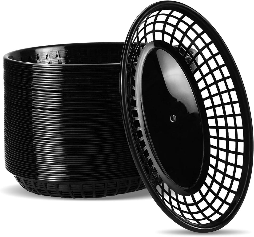 50 Pack Oval Fast Food Baskets, 9 Inch Plastic Storage Basket, Black Food Serving Tray for Fries, Hot Dogs, Burger, Sandwiches, Picnics