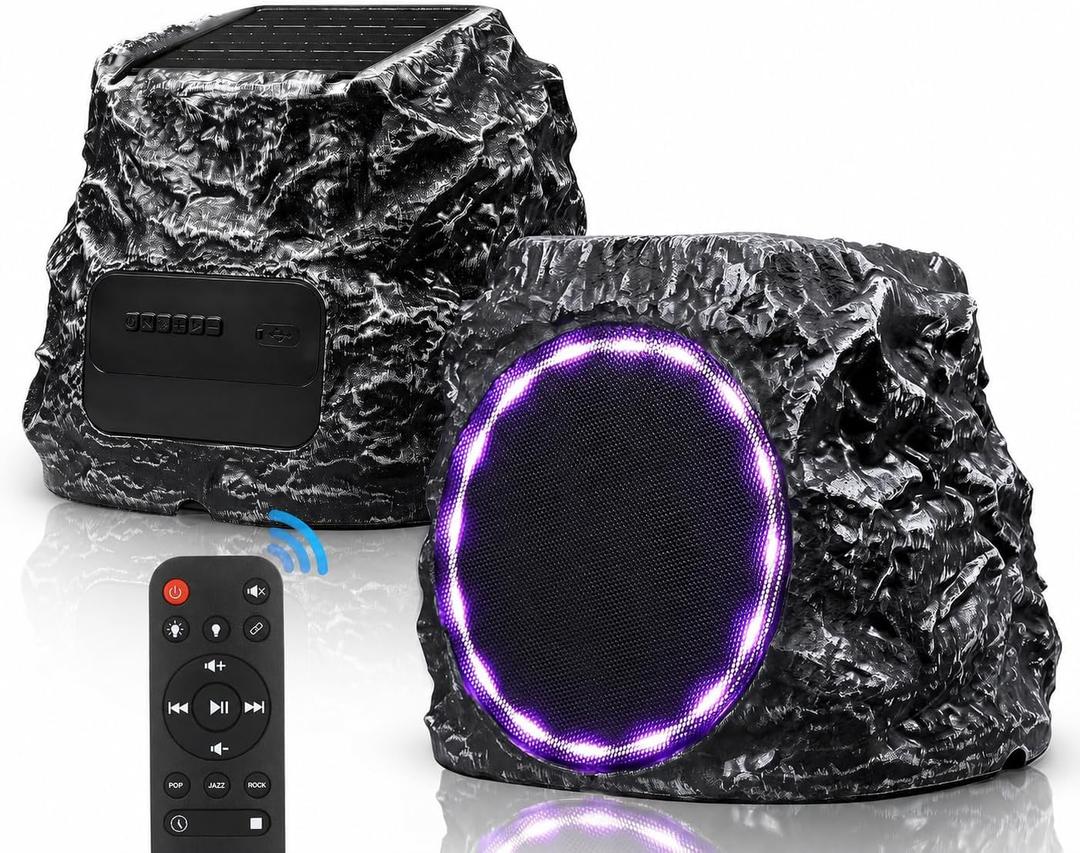 Daworot Upgraded Outdoor Rock Bluetooth 6.0 Speaker 60W Deep Bass Wireless Outdoor with Solar Charging, Remote Control,IPX7 Waterproof Speaker with Perfect for Pool,Garden,Patio - 2 Packs