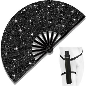 13" Large Folding Rave Fan with Holster, Clack Hand Fans Foldable for Line Dancing for Women Men Festival EDM Party Decoration, Glitter Black