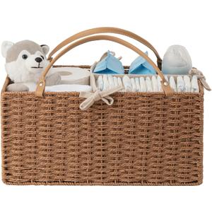 HBlife Large Baby Diaper Caddy Organizer, Paper Rope Storage Baskets Nursery Bin with Removable Divider, Portable Car Organizer for Diapers, Baby Shower Gifts, Newborn Essentials Must Haves (Brown)