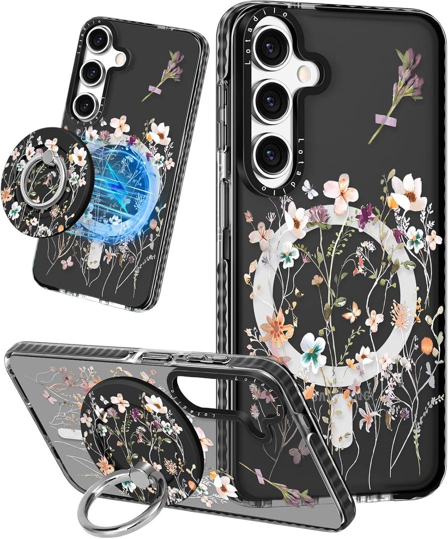 Lotadilo Cute Case for Samsung Galaxy S25 for Women Girls - Funny Dried Flower Design Compatible with Magsafe Magnetic Ring Holder Kickstand Fashion TPU Phone Covers