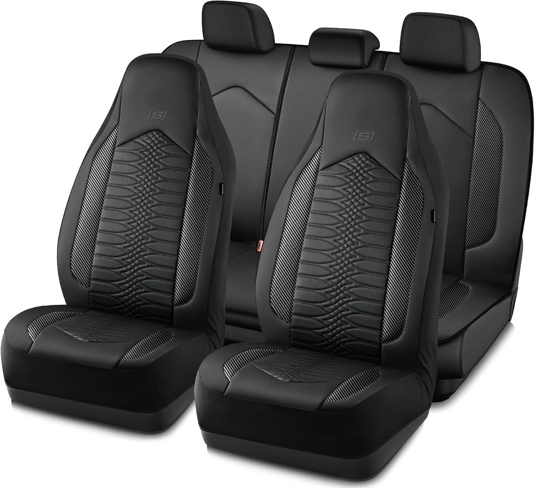 Skechers Memory Foam Car Seat Covers, Leather High Back Seat Covers Quilting Design,Waterproof Sports Car Seat Covers Full Sets,Airbag Compatible, Universal Fit for Most Cars, SUVs,Trucks,Black