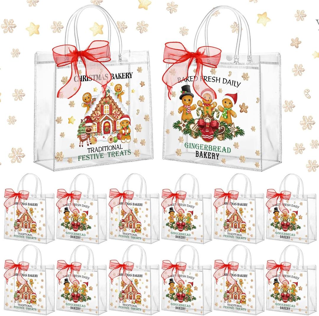 Motipuns 24 Pcs Christmas Clear PVC Gift Bags with Handles Christmas Gingerbread Man House Party Favor Reusable Plastic Candy Treat Tote Bags for Merry New Year Xmas Birthday Party Supplies
