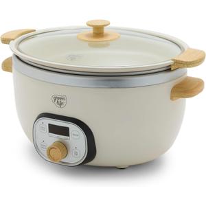 GreenLife 6 QT Ceramic Non Stick Slow Cooker, PFAS-Free Programmable Removable Pot for Family Meals, Sear on Stovetop Keep Warm, Digital Timer, Dishwasher Safe Glass Lid & Crock, Cream