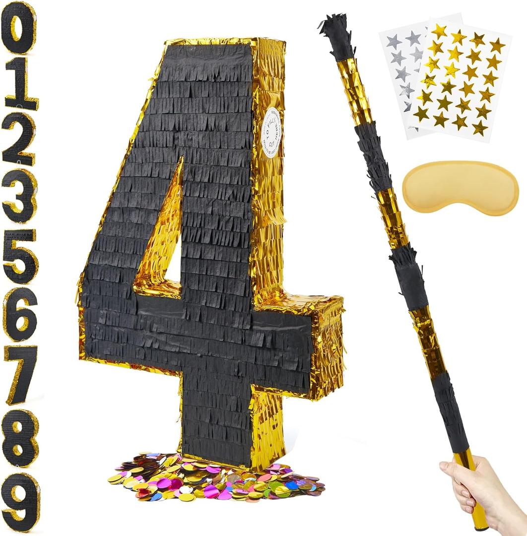 PCFING 20 Inch Number 4 Piata Gold Black with 30 Inch Piata Stick Blindfold Confetti for Man Women Boys Girls Birthday Party Decorations, Anniversary Celebration, Fiesta