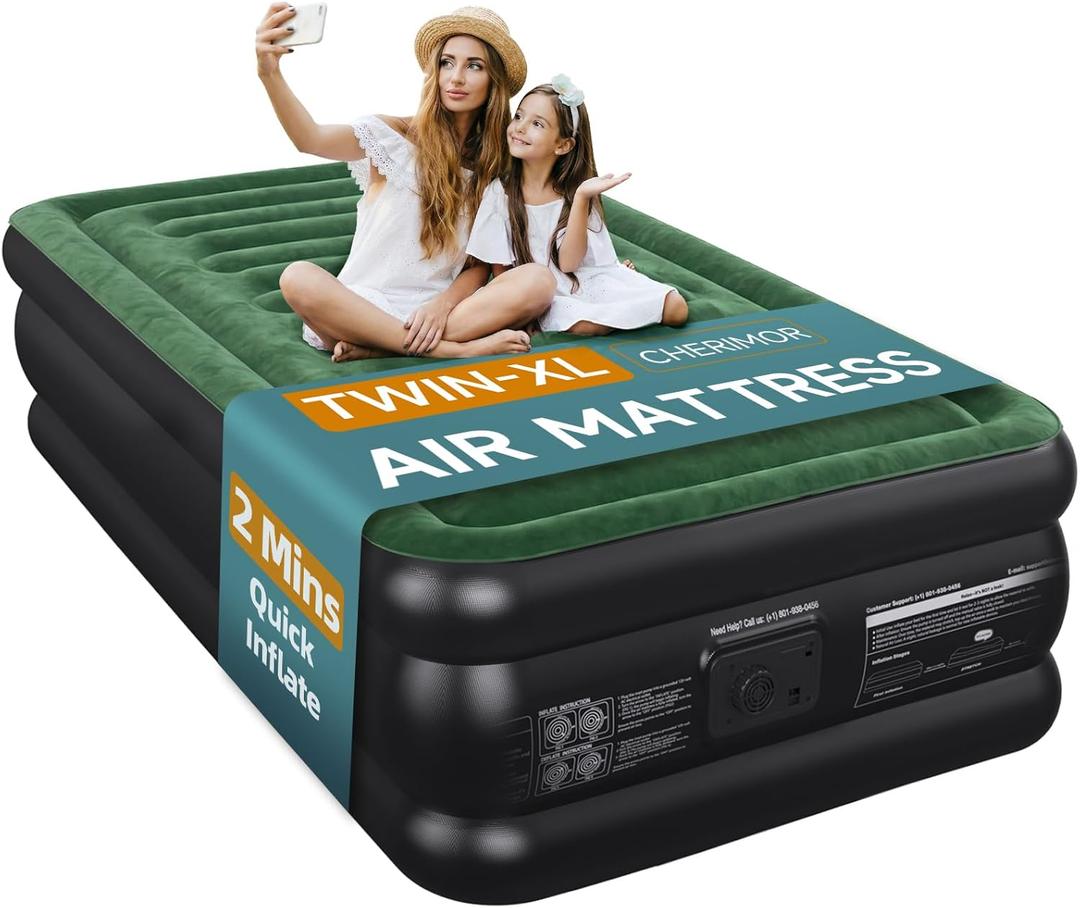 CHERIMOR Twin XL Air Mattress with Built-in Pump, 18" Raised Comfort, 500lbs Heavy-Duty Support, Anti-Sag Horizontal Beam, Leak-Resistant, 2-Min Fast Inflation Blow Up Bed for Home Guests & Camping