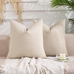CARRIE HOME Brown Khaki Tan Striped Decorative Pillow Covers 18x18 Set of 2, Neutral Modern Farmhouse Dark Brown Couch Throw Pillows for Living Room 18 x 18 (No Pillow Inserts)