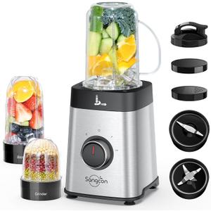 Sangcon Blenders for Kitchen - Smoothie Blender Combo for Kitchen, Personal Blender for Shakes and Smoothies, Drinks, Sauces, Grinding, 17oz Cup with To-Go Lid (3 Cups & 2 Blades)