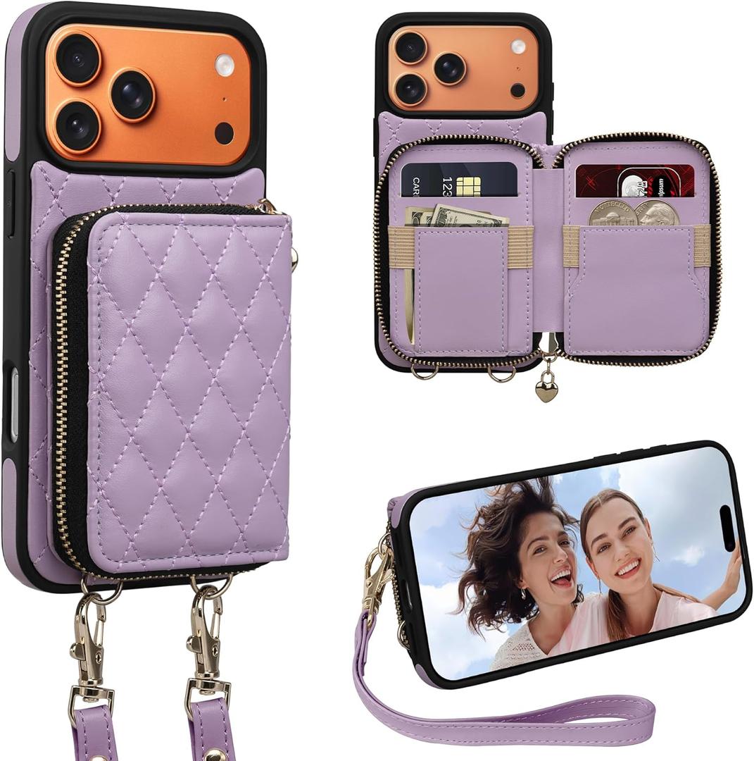 Keallce Case for iPhone 17 Pro Max 6.9'' Wallet Case, Crossbody Zipper Purse with Wrist Strap Lanyard Handbag, RFID Blocking Card Holders, Kickstand Flip Leather Cover for iPhone 17 Pro Max, Purple