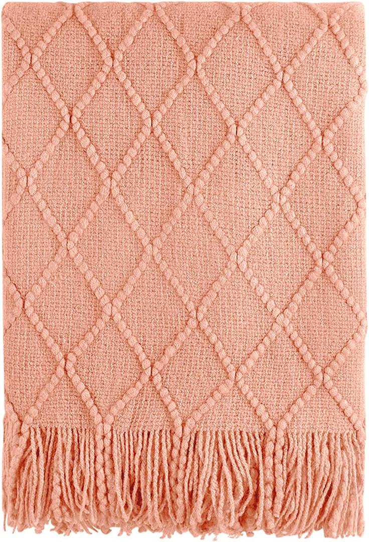 BOURINA Orange Throw Blanket 50x60 Inches Throw Textured Solid Soft Sofa Couch Decorative Knit Blanket (Coral)