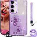 CCSmall Bling Case for Samsung Galaxy S24 FE with Crossbody Lanyard, Cute Sparkle Glitter Diamond Flower Shoulder Strap Wristband Protective Case Cover for Samsung Galaxy S24 FE YSH Purple