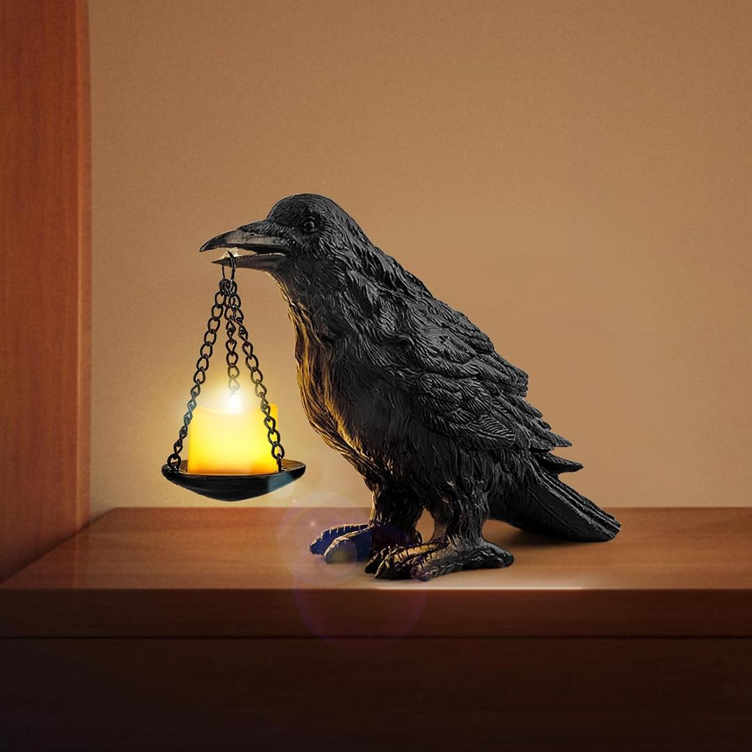 Gothic Crow Lamp with Tealight Candle Holder Resin Raven Decor Statue Gothic Home Decor for Bedroom Unique Goth Gifts Black