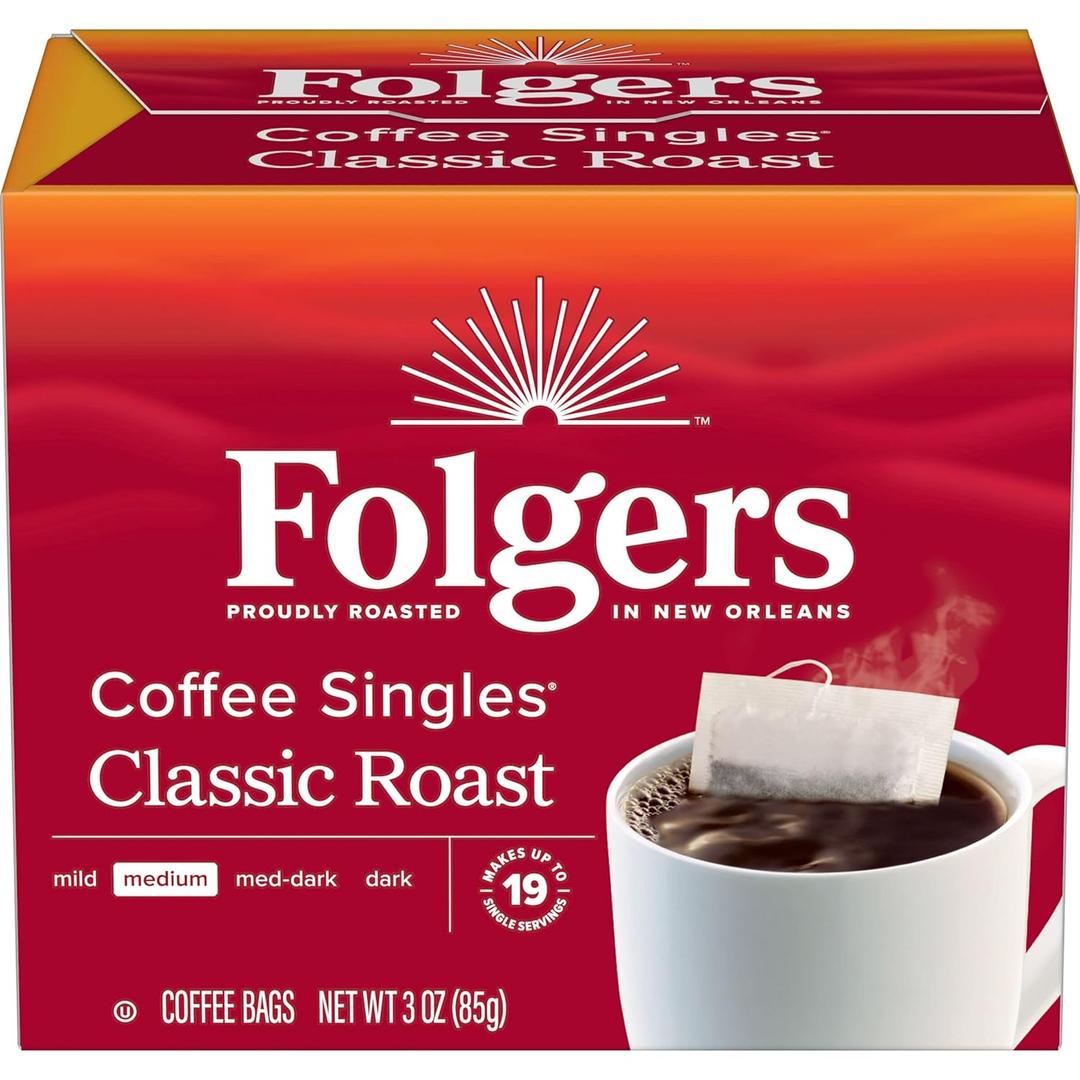 Folgers Coffee Singles Classic Roast Medium Roast Coffee, 19 Count (Pack of 1), BBD 29JAN2027