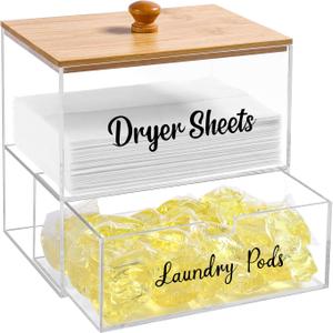Acrylic Laundry Pods Contianer and Dryer Sheet Holder Set with Bamboo Lid, Dishwasher Pods Container, Laundry Pods Holder, Laundry Soap Organizer, Laundry Room Organization and Storage