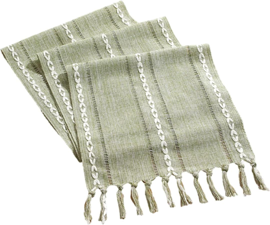 rismart Table Runner with Tassels Country Rustic Weave Stripe Runners Green 32 x 220 cm