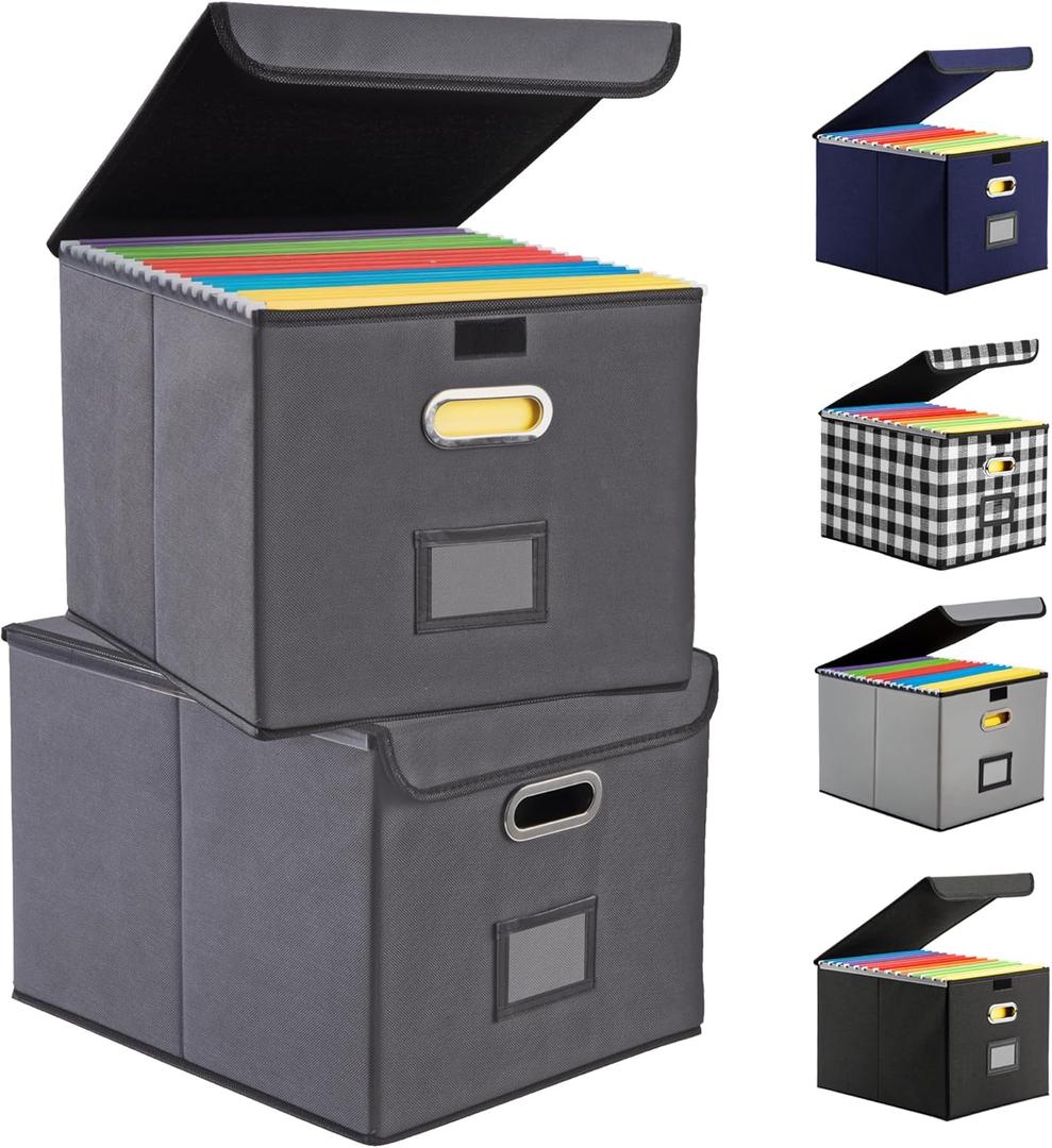 Collapsible File Box with Lid & Plastic Slide - Hanging Document Organizer for Office/Home, 14.96x12.6x10.83 Inch,Dark Grey, 2 Pack (No Folders Included)