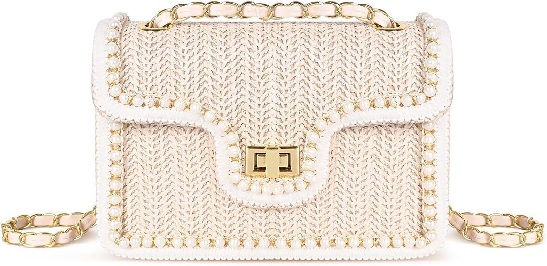 Straw Crossbody Bags for Women Summer Pearl Straw Clutch Purse Woven Shoulder Bag Vacation Handbags (Medium, Beige)