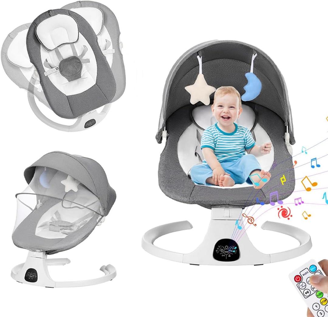 Automatic Baby Swing Chair with UV-Protective Canopy & Mosquito Net, Bluetooth Music Mobile with Stars, 5 Seat Positions, 5-Point Harness Belt, Portable for Indoor/Outdoor Use (Gray)