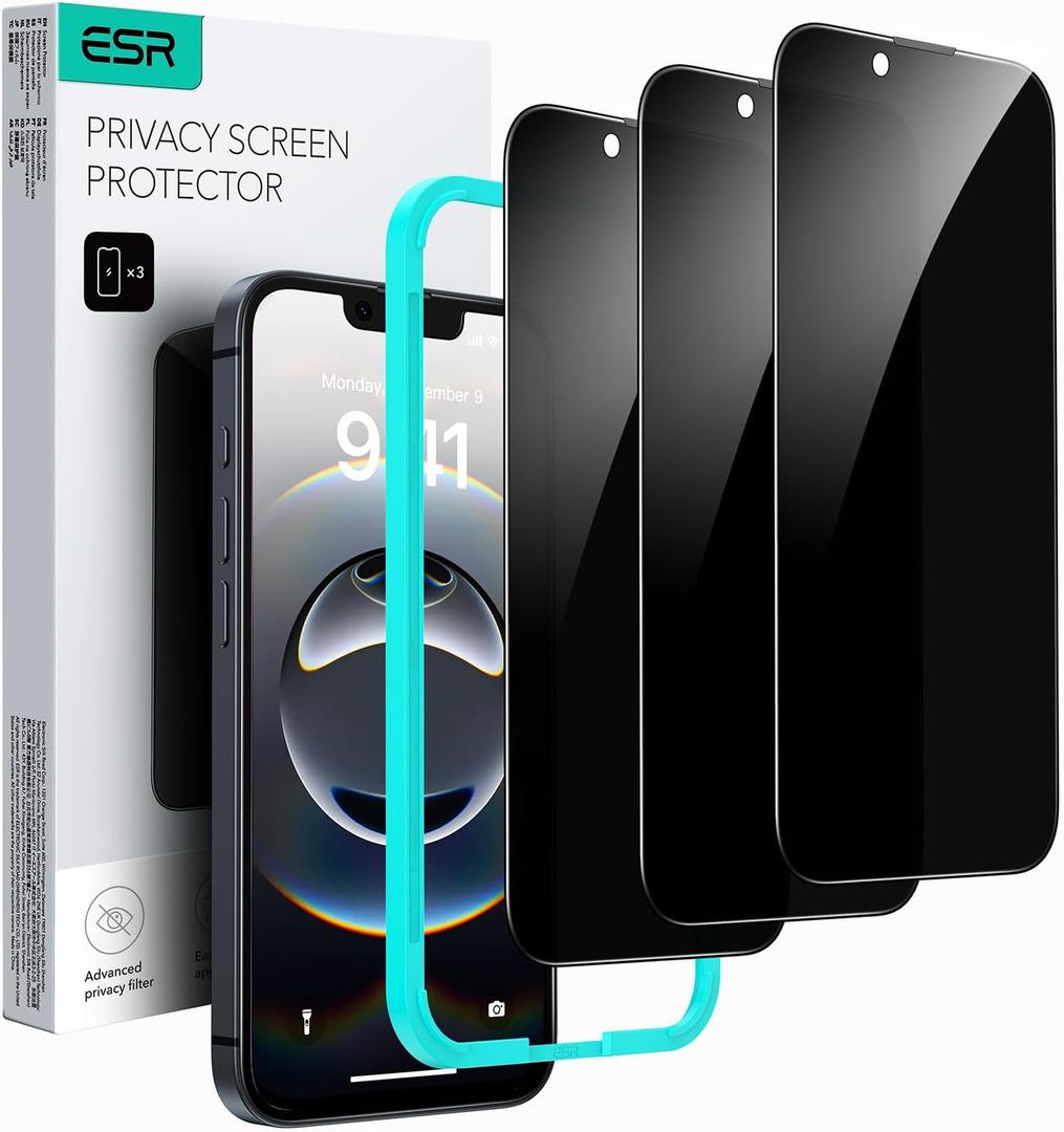 ESR 3 Pack for iPhone 16e/ iPhone 14/ iPhone 13/ iPhone 13 Pro Privacy Screen Protector, Anti-spy Tempered-Glass Privacy Screen Protector, Micro-curved Edges, Case Friendly