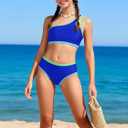 Redair Girls Swimsuit Two Piece One Shoulder Bathing Suit with Chest Pad Color Block Bikini 7-16 Years
