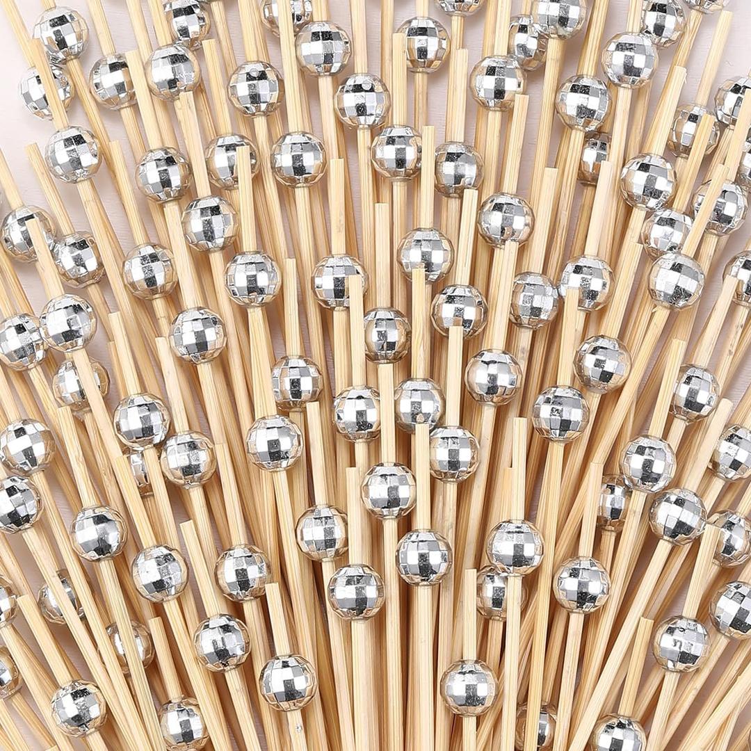 200 Pcs Cocktail Picks, 4.7 Inch Silver Disco Ball Decor Skewer for Appetizers, Fruit, Kebabs, Mini Burger, Bamboo Skewers for Drinks, Handheld Toothpicks, Food Sticks Natural, Kitchen Gadget