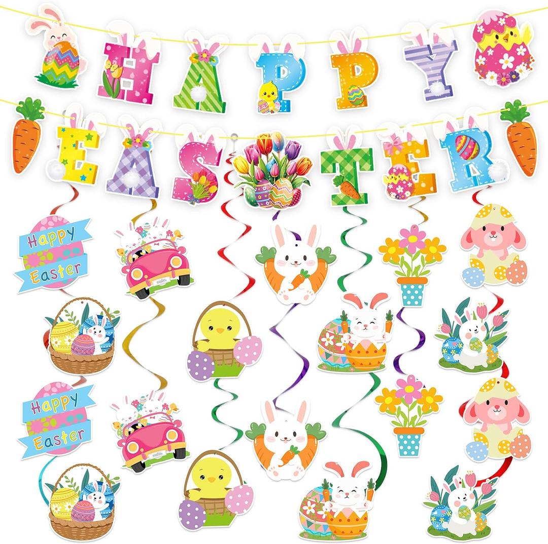 3 x 52 Pcs Easter Banner, Happy Easter Garland with Hanging Swirls, Cute Egg Bunny Sign Decorations for Office Home, Easter Party Supplies