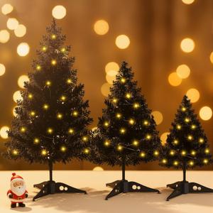 Realspring Black 3 Pcs Mini Christmas Tree with Lights Tabletop 20/14/8 Inch Small Artificial Xmas Trees Miniature Pine Xmas Tree Bottle Brush Trees for Christmas Home Table Decor