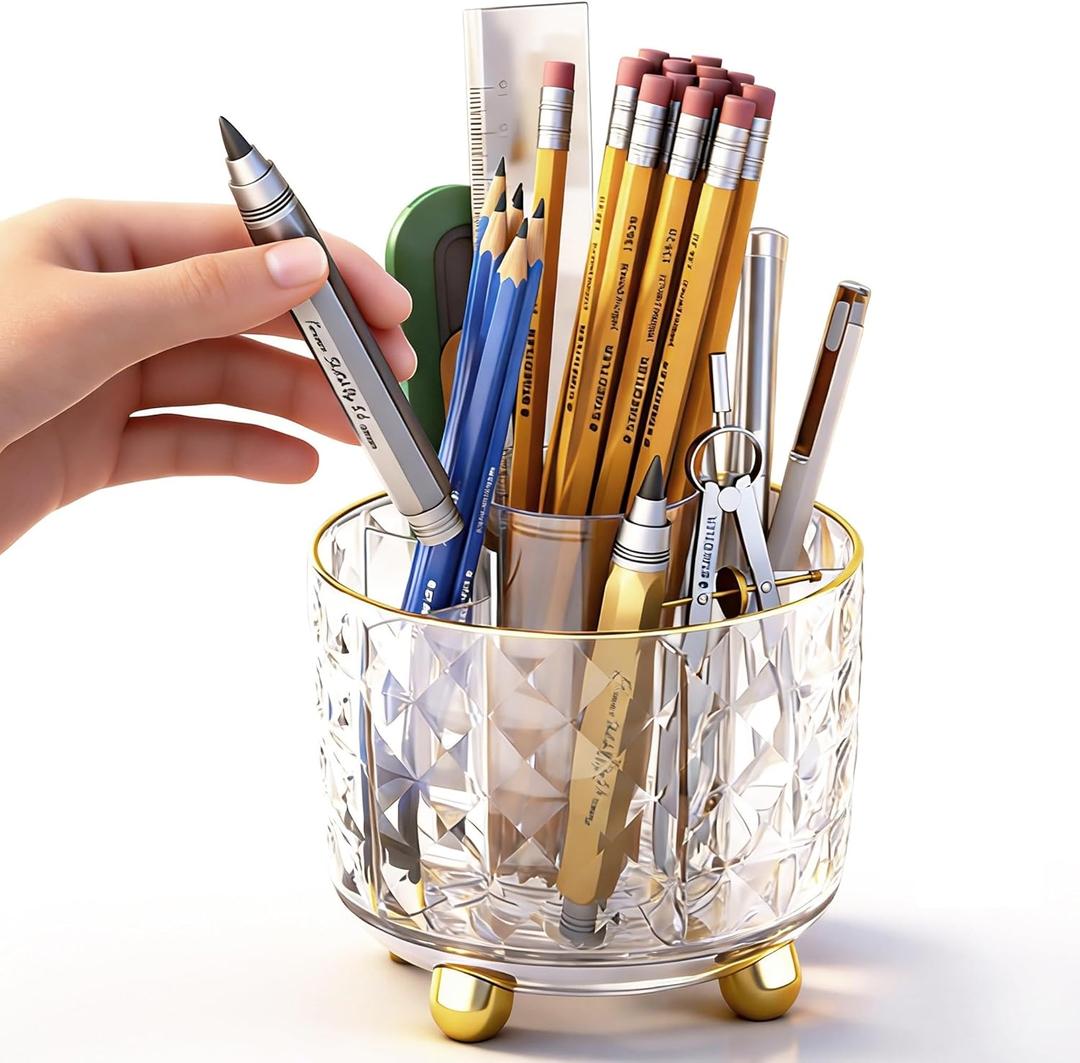 GOTOBA 360 Rotating Pencil Holder for Desk, Makeup Brush Holder with 6 Slots, Desk Organizer for Writing Utensil, Office and School Supplies (Transparent)